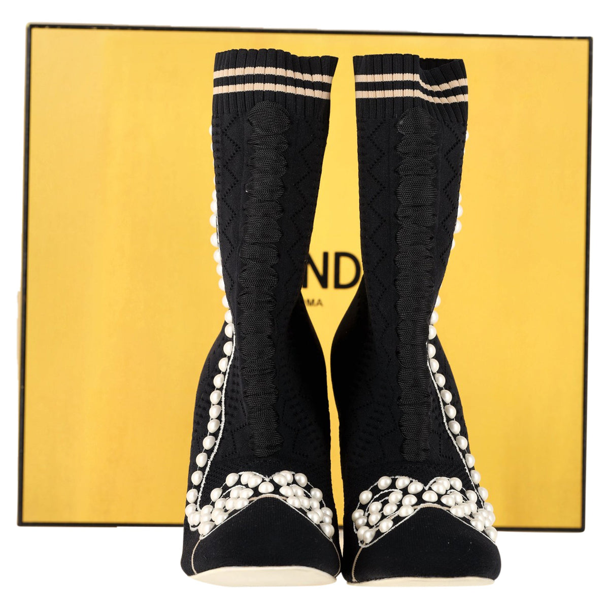 Fendi Knit Fabric Pearl Embellished Sock Ankle Boots in Black Nylon