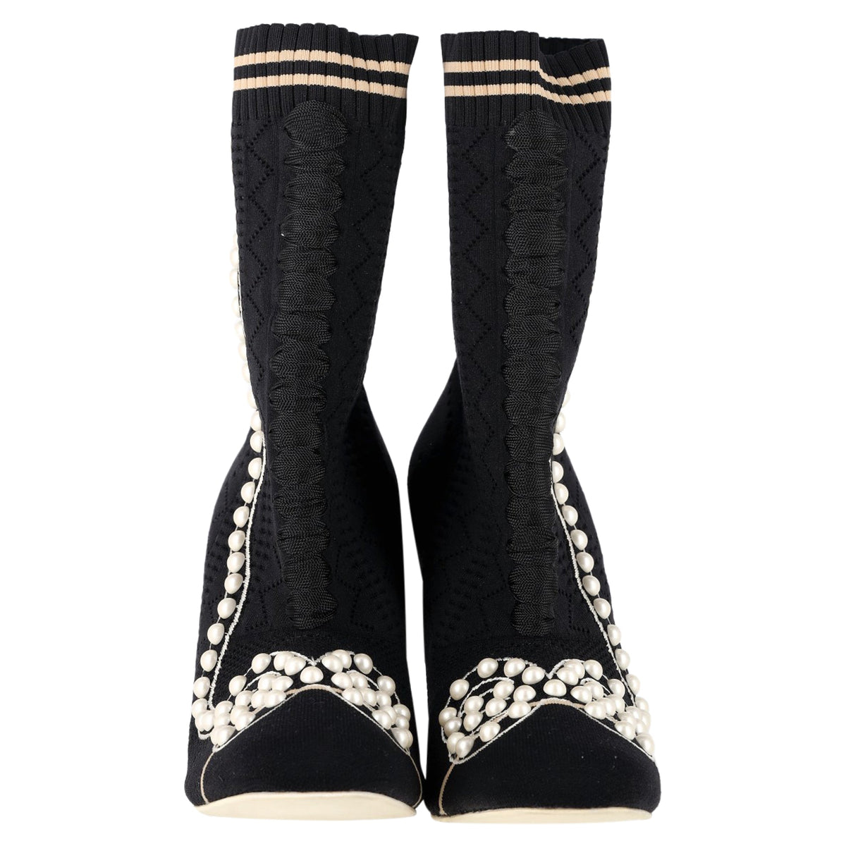 Fendi Knit Fabric Pearl Embellished Sock Ankle Boots in Black Nylon