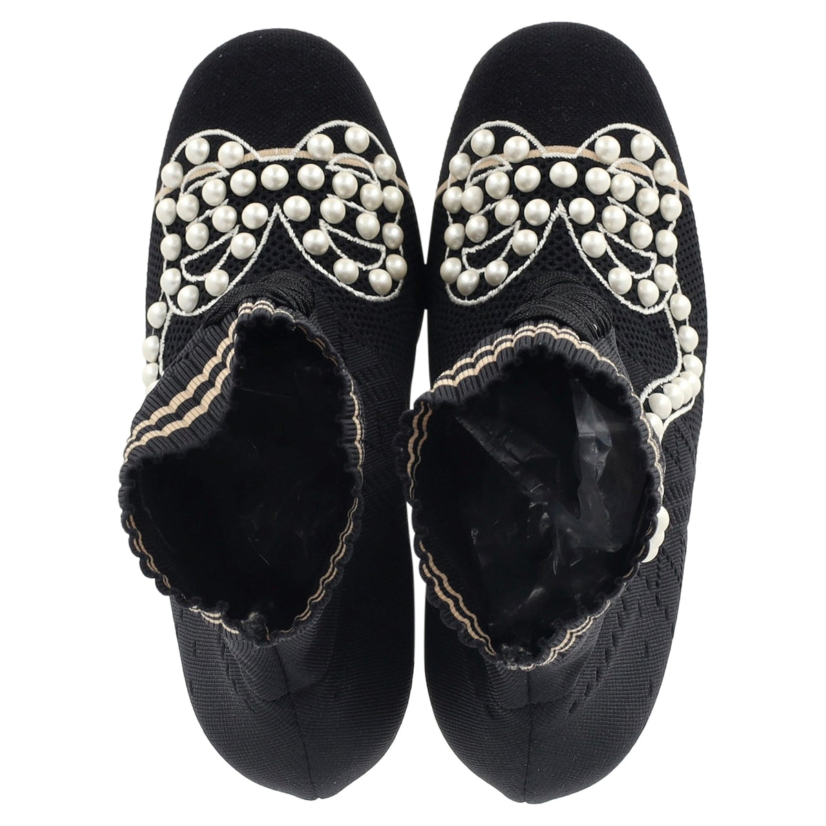 Fendi Knit Fabric Pearl Embellished Sock Ankle Boots in Black Nylon