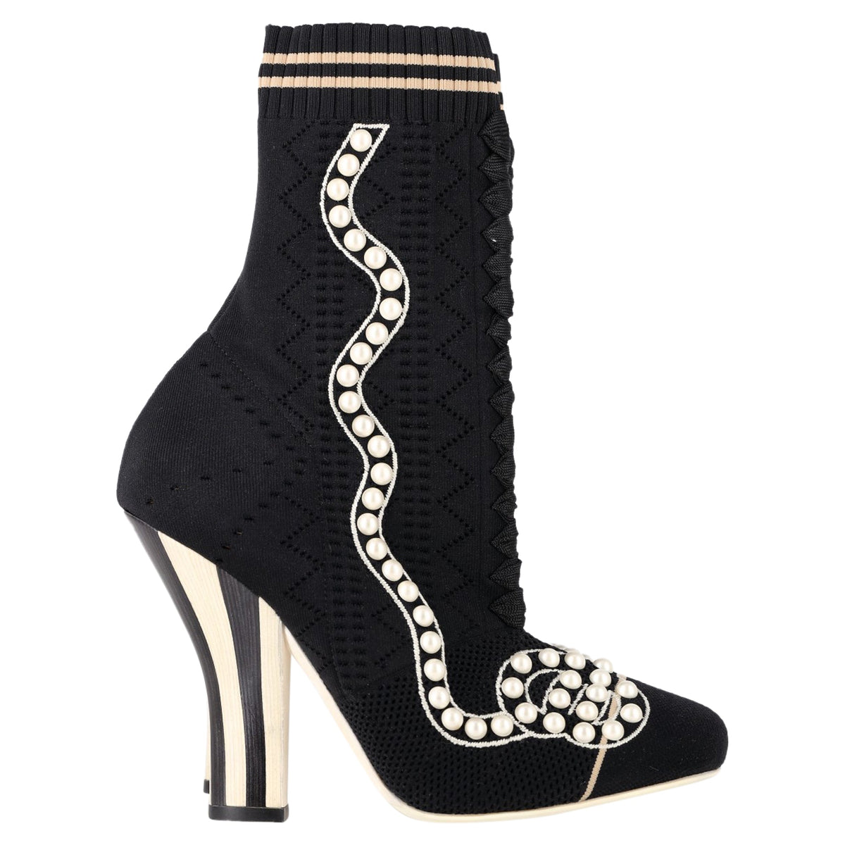 Fendi Knit Fabric Pearl Embellished Sock Ankle Boots in Black Nylon