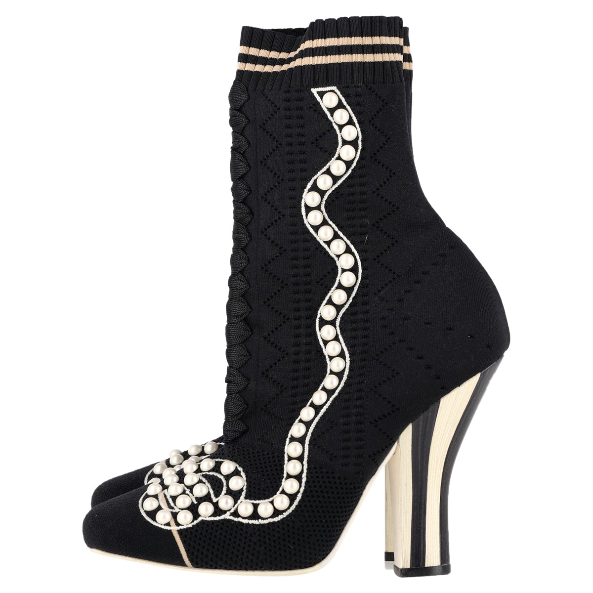 Fendi Knit Fabric Pearl Embellished Sock Ankle Boots in Black Nylon