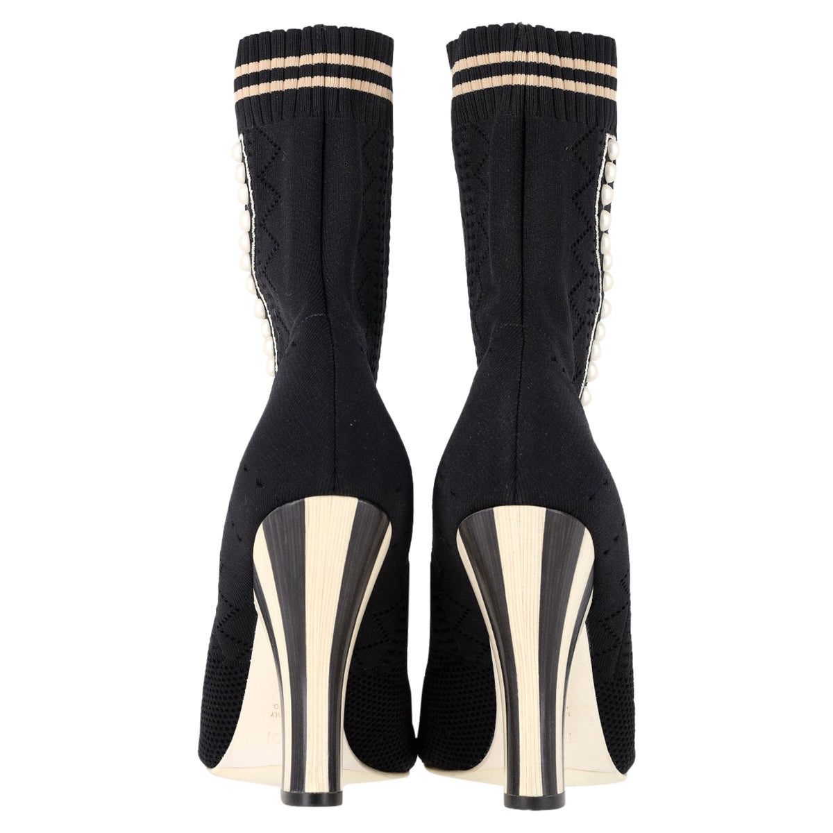 Fendi Knit Fabric Pearl Embellished Sock Ankle Boots in Black Nylon