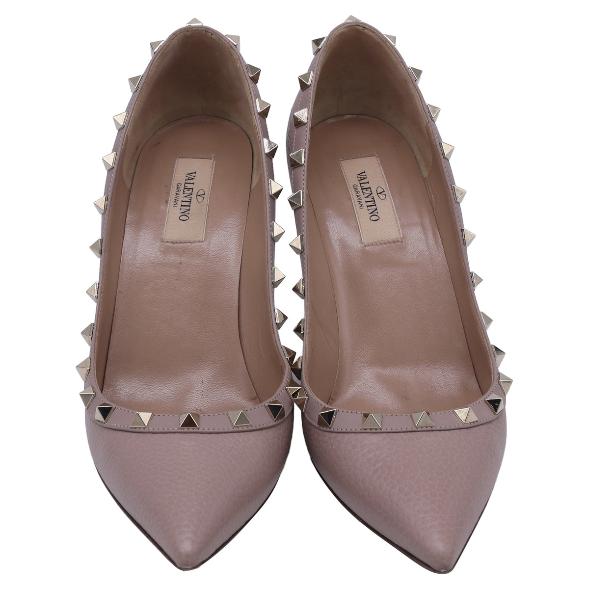 Valentino Garavani Rockstud Pointed-Toe Pumps in Beige Pebbled Leather