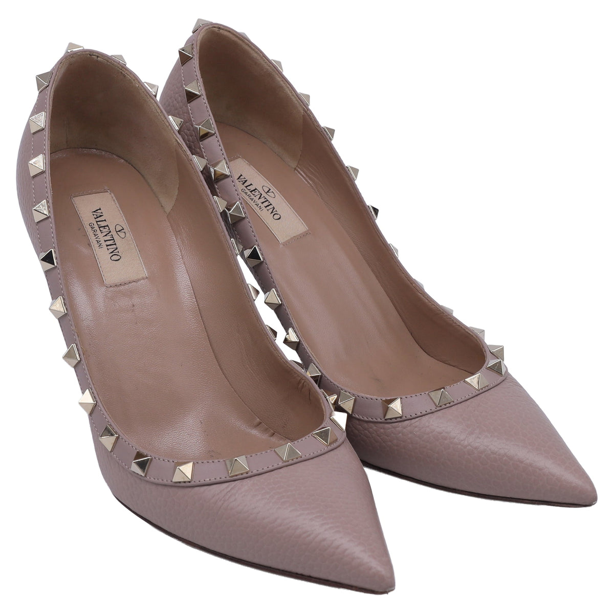Valentino Garavani Rockstud Pointed-Toe Pumps in Beige Pebbled Leather