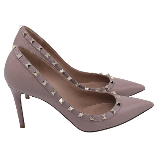 Valentino Garavani Rockstud Pointed-Toe Pumps in Beige Pebbled Leather