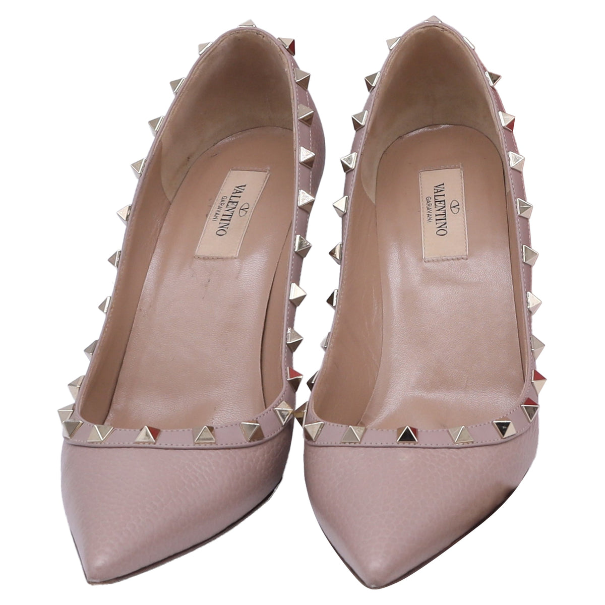 Valentino Garavani Rockstud Pointed-Toe Pumps in Beige Pebbled Leather