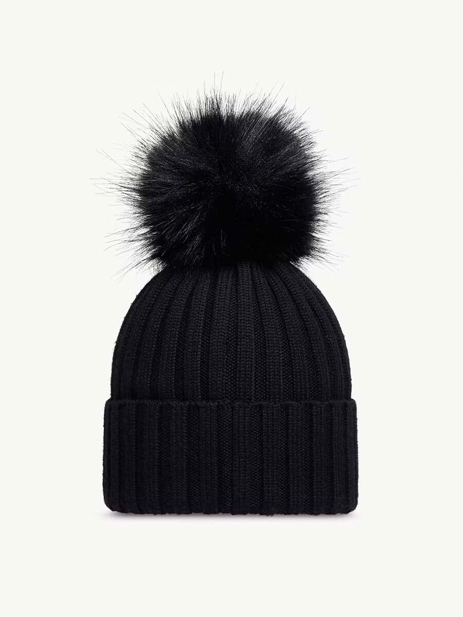 Wool Beanie with Faux Fur Pom Pom