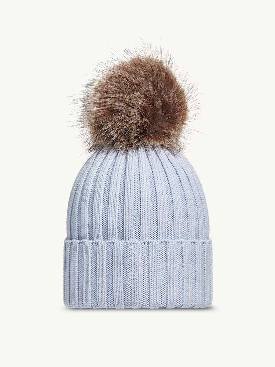 Wool Beanie with Faux Fur Pom Pom