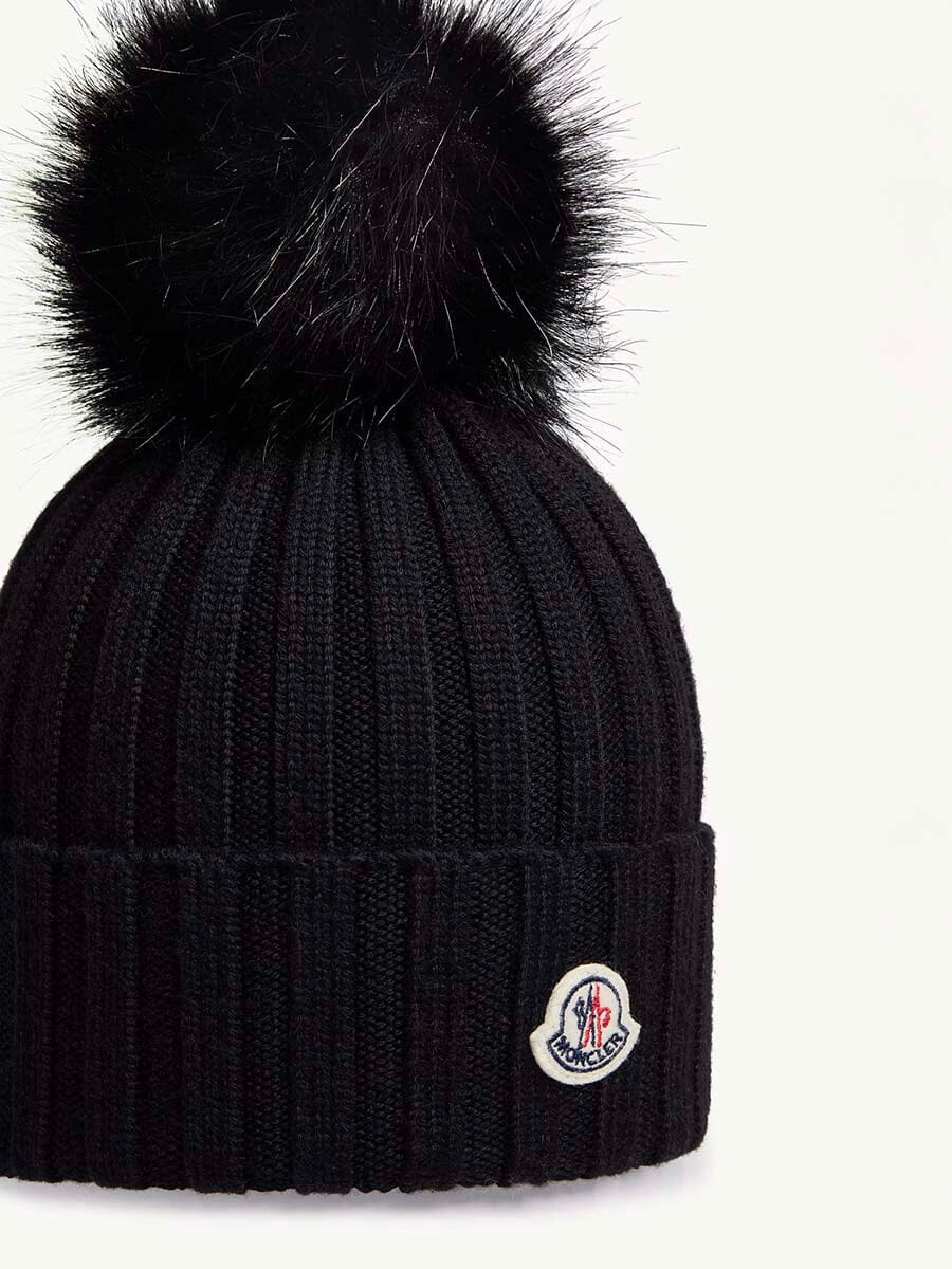 Wool Beanie with Faux Fur Pom Pom