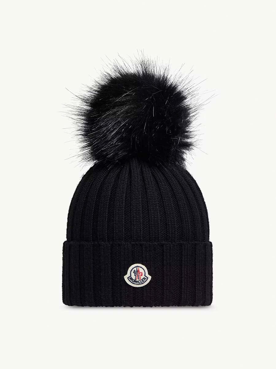 Wool Beanie with Faux Fur Pom Pom