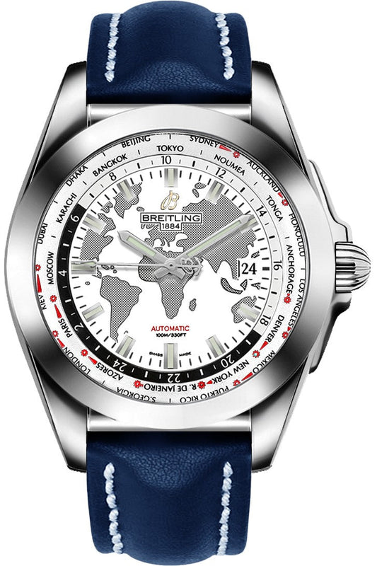 Breitling Galactic Unitime White Dial Blue Leather 44mm Men's Watch WB3510U0/A777-112X