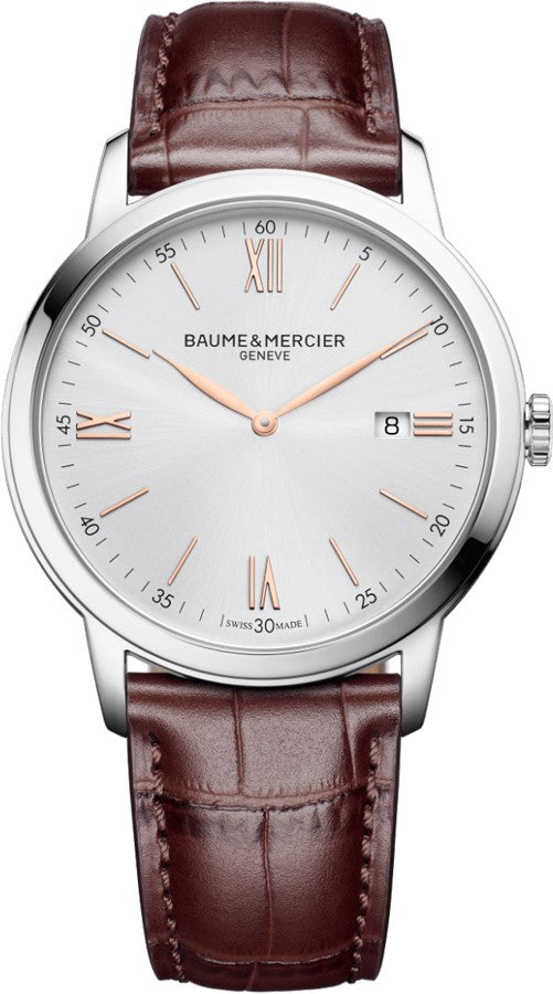 Baume & Mercier Classima Silver Dial 42mm Brown Strap Men's Watch 10415