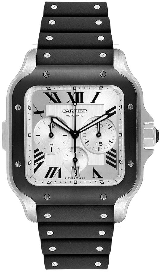 Cartier Santos De Cartier Chronograph Silver Dial Black Rubber Men's Watch WSSA0017